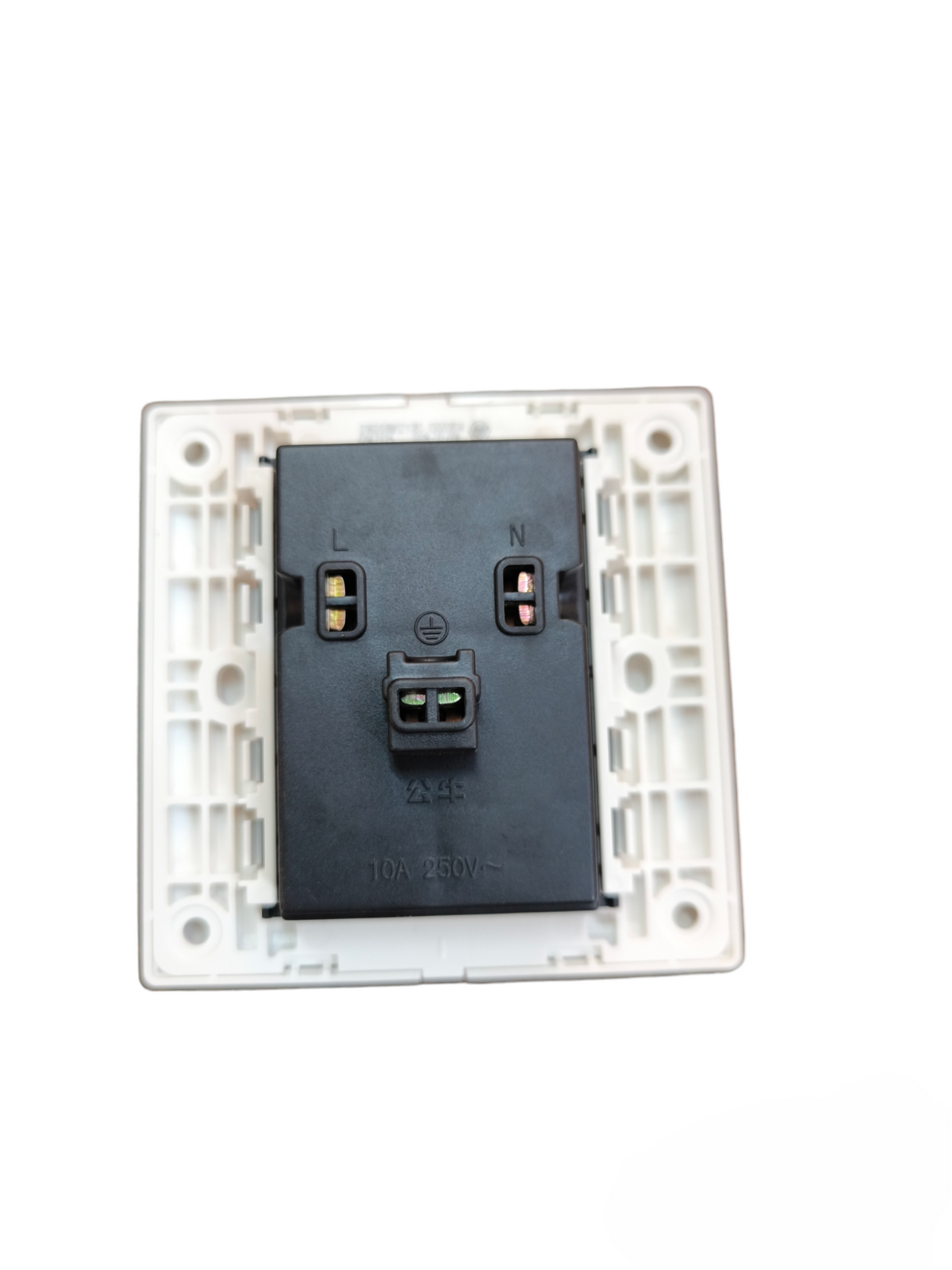 Bull Duplex 2 Gang Universal Outlet power point switch and plug back view in white frame
