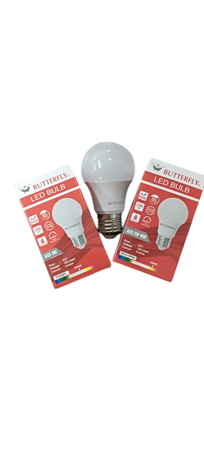 Butterfly 5W LED Bulb E27 220-240V with white light and red packaging showing energy and lifespan details