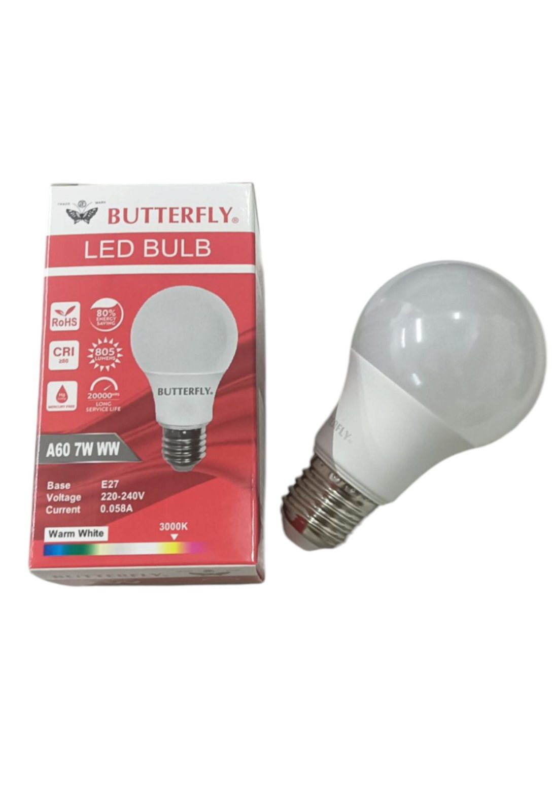 Butterfly 7W LED Bulb E27 220-240V warm white energy-saving A60 LED light bulb with packaging