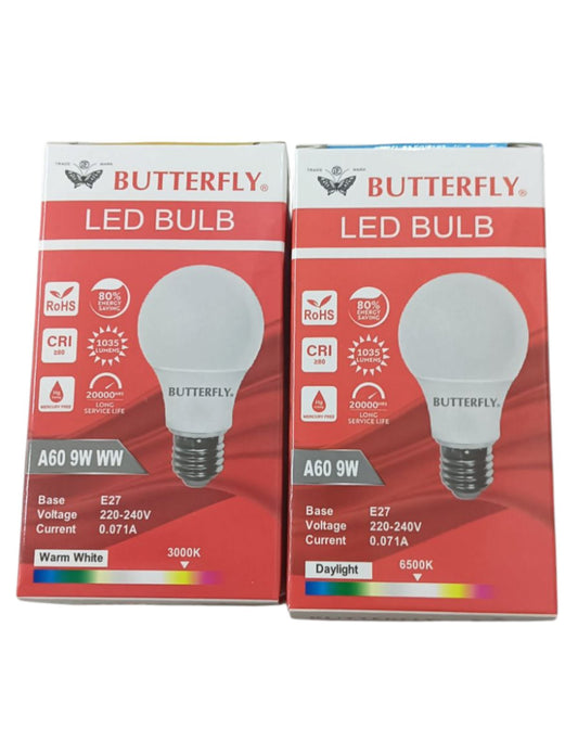 Butterfly 9W LED Bulb E27 220-240V Warm White packaged in red boxes with product details