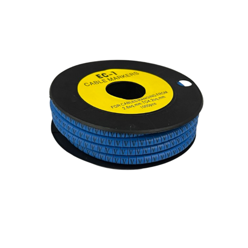 Grippes Cable Marker Blue - V on a spool for organizing cables from 2.5mm to 25mm diameter