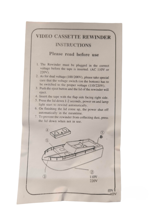 Instruction manual for Cassette Rewinder Beta 220V or 110V with usage steps and diagram