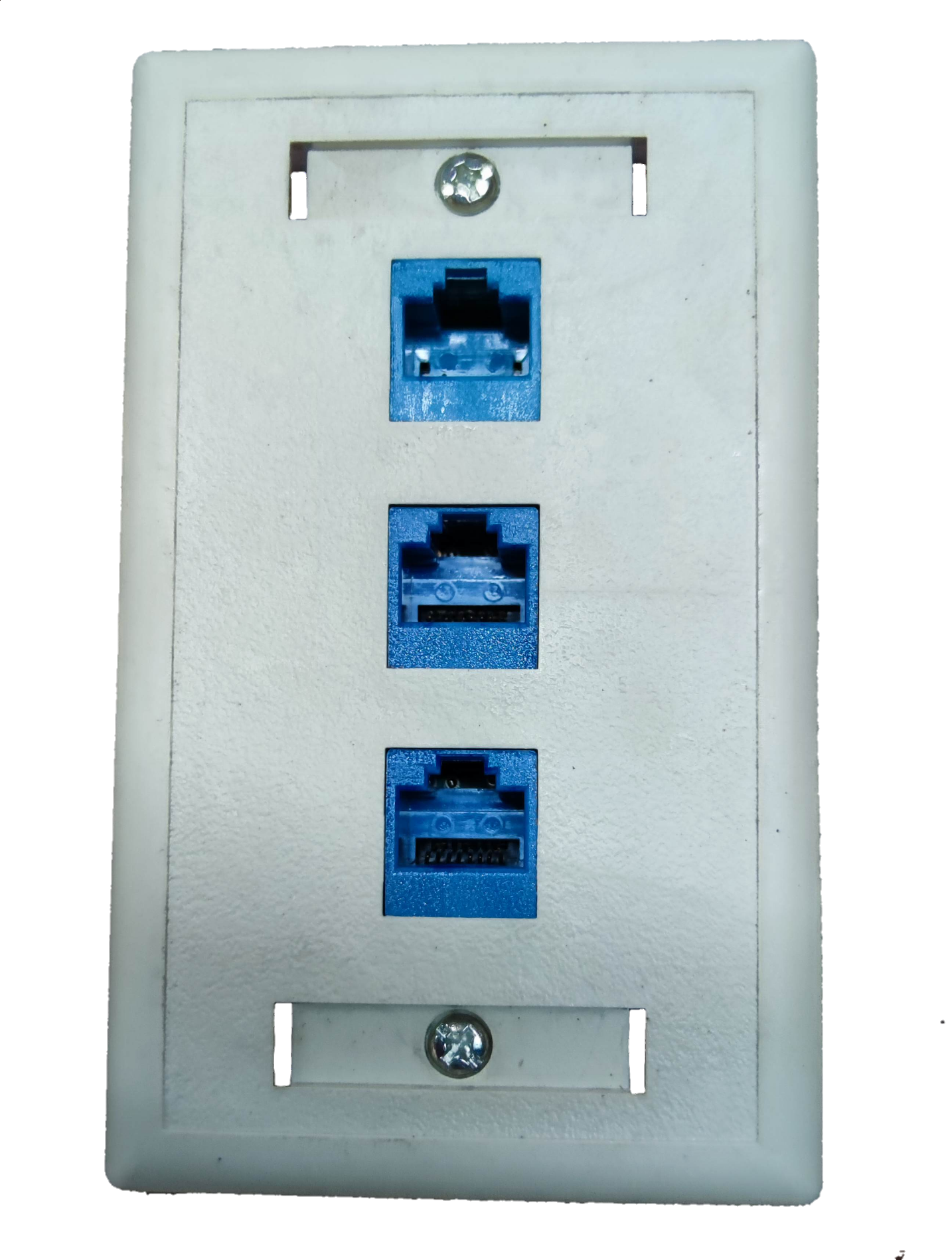 AMP network access points with three blue ports on a white cat 6 ethernet wall outlet plate