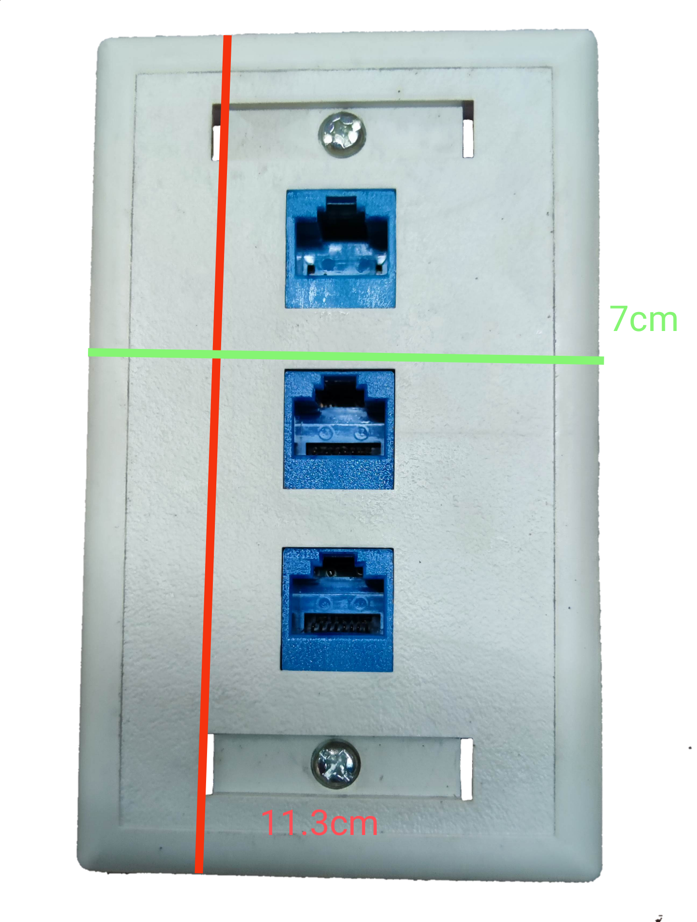 AMP network access points with three blue ports on a white cat 6 ethernet wall outlet