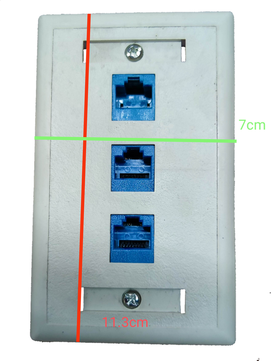 AMP network access points with three blue ports on a white cat 6 ethernet wall outlet