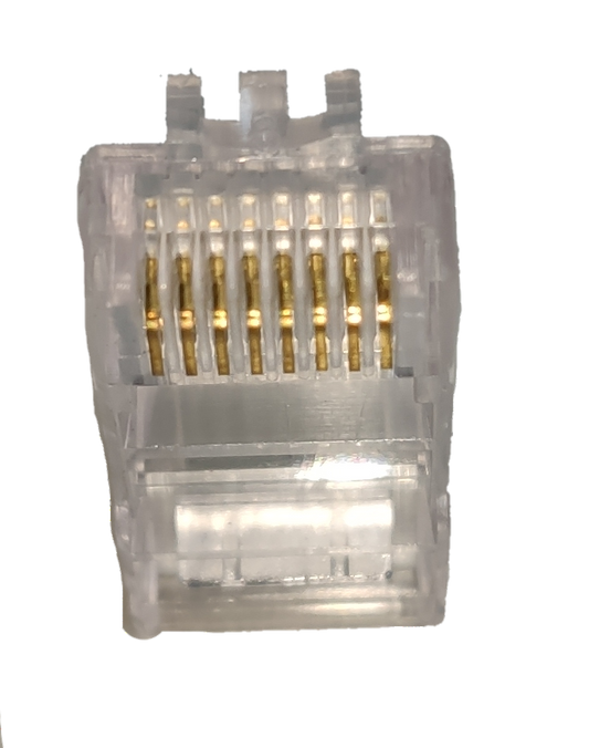 Close-up of a clear CAT5e RJ45 connector plug showing gold pins for secure network connections