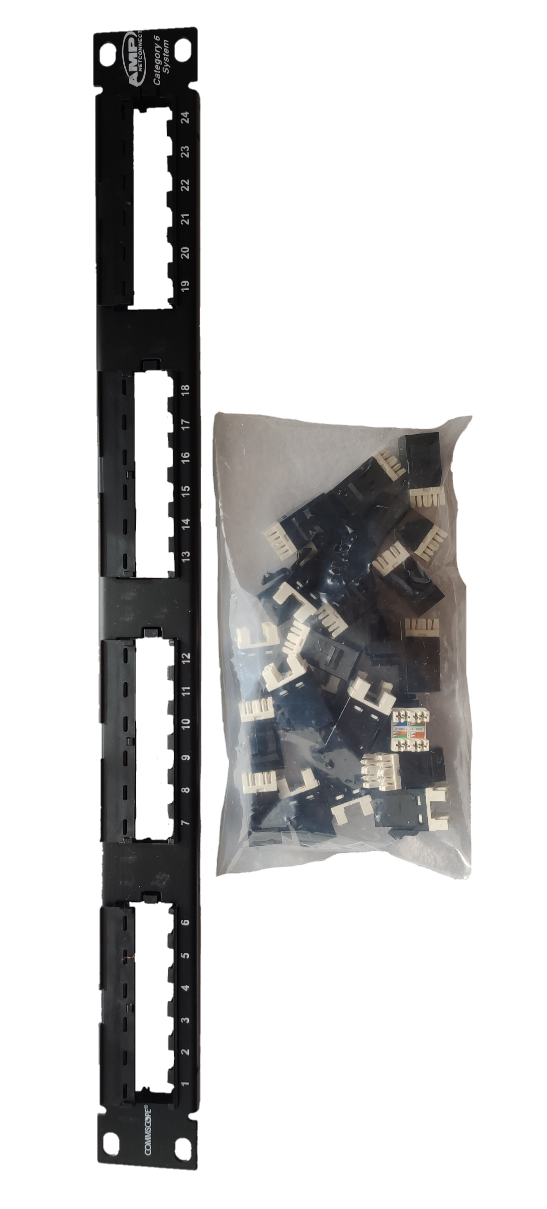 AMP cat6 24 port patch panel with connectors for network access points in black