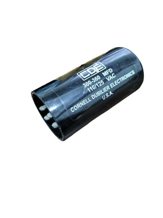 CDE Capacitor 300-360 MFD 110-125V black cylindrical electrical component for circuitry