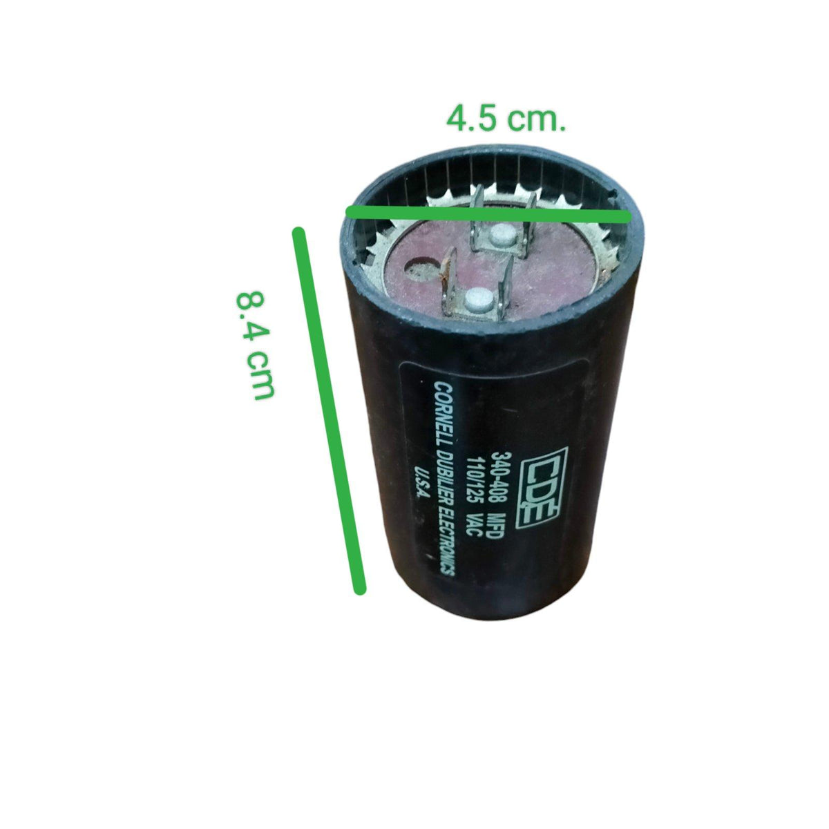 CDE Motor Starting Capacitor 340-408MFD with dimensions 4.5cm by 8.4cm for electrical circuits