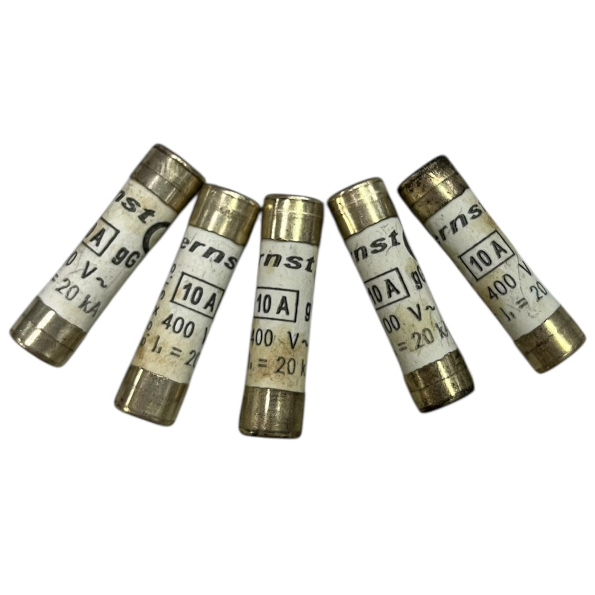 Five ceramic fuse 10A 400V 8x31mm electrical circuitry parts with metal end caps and labeled specifications