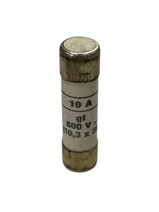 Ceramic Fuse 10A 500V 10x38mm electrical component with metal end caps for circuit protection