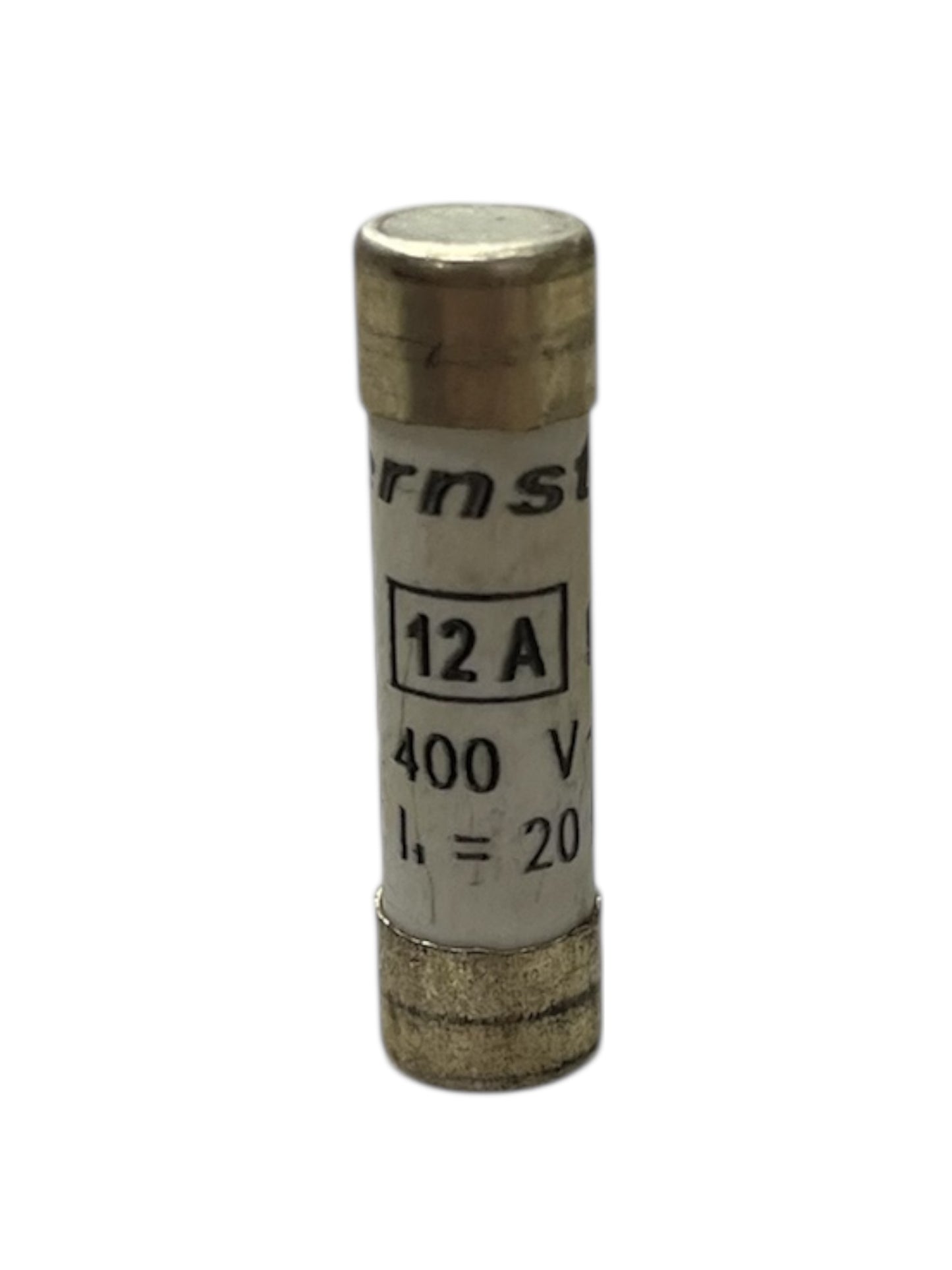 Ceramic Fuse 12A 400V 8x31mm electrical component with metal end caps for circuit protection