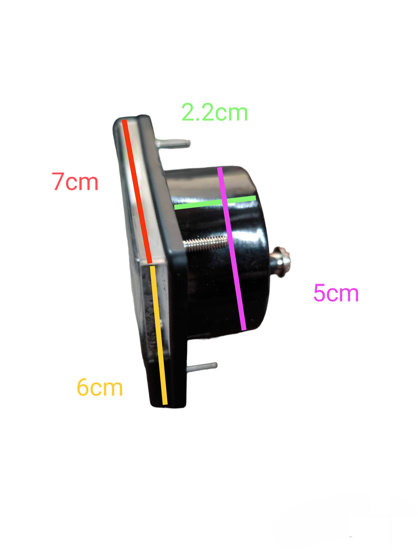 FEW 100uA DC panel meter side view showing black housing, front bezel, mounting pins and threaded rear terminal with dimensions