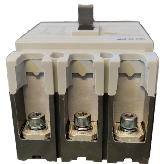 Chint 125A 3 Pole Industrial Circuit Breaker with robust metal terminals and white casing