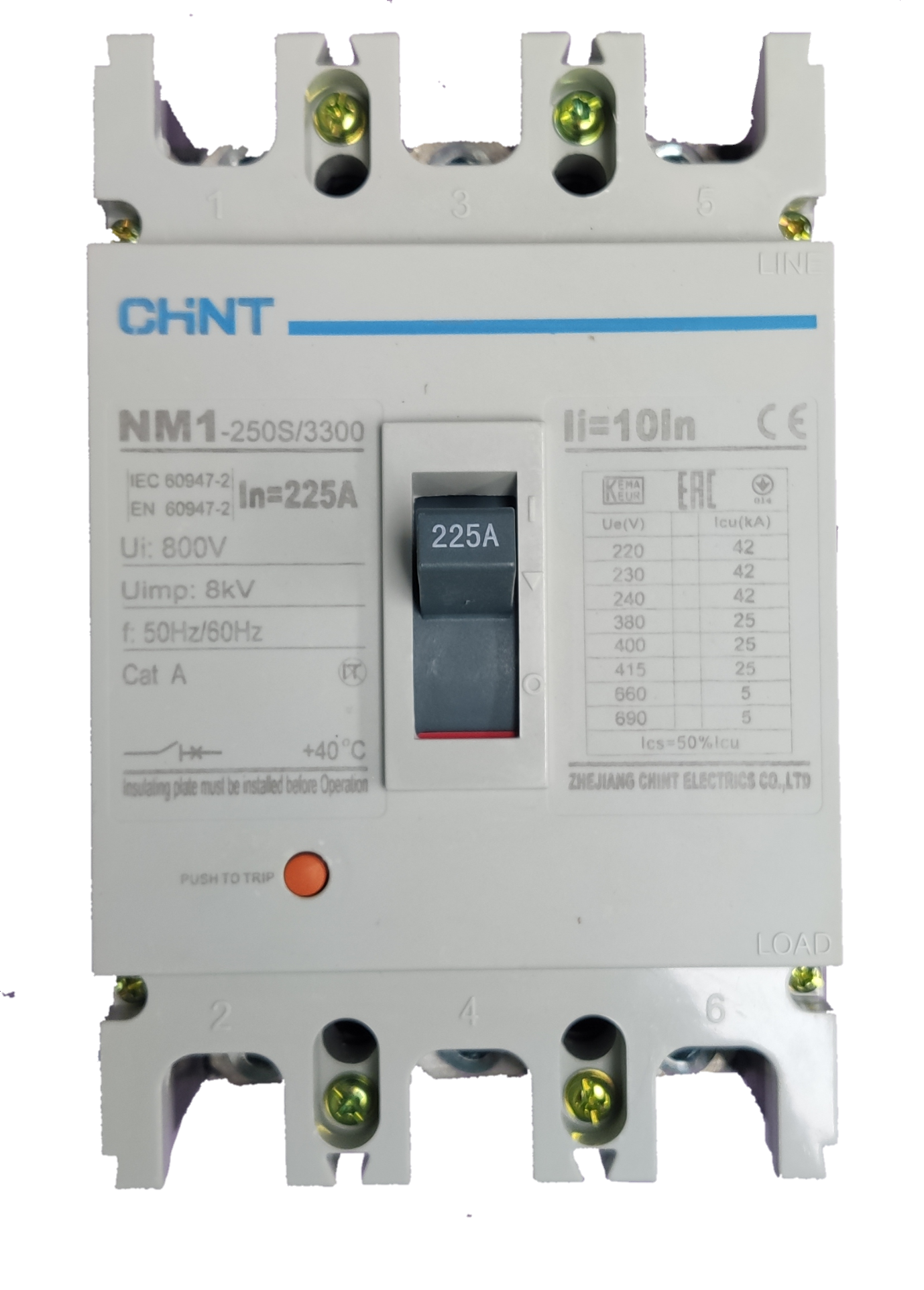 Chint 225A 3 Pole Industrial Circuit Breaker with labeled switch and technical specifications