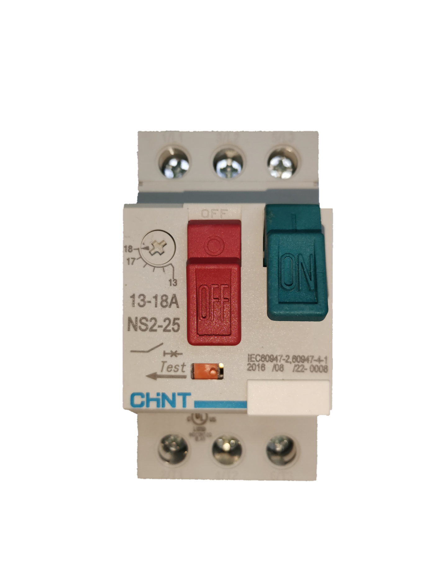 Chint 3 phase 13-18A MPCB breaker with ON and OFF switches for electrical circuit protection