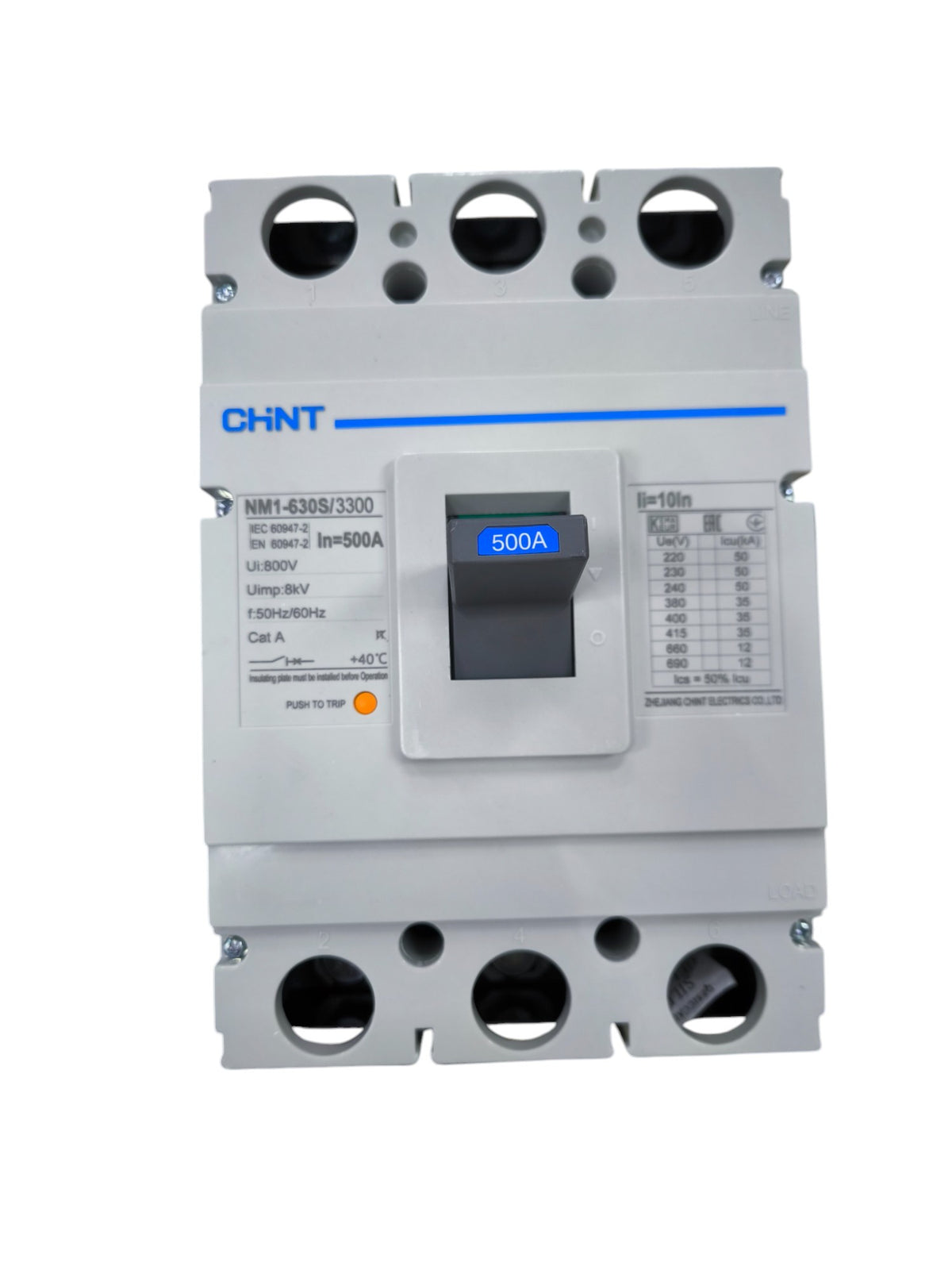 Chint 3 pole circuit breaker 500A in white with black switch for electrical protection