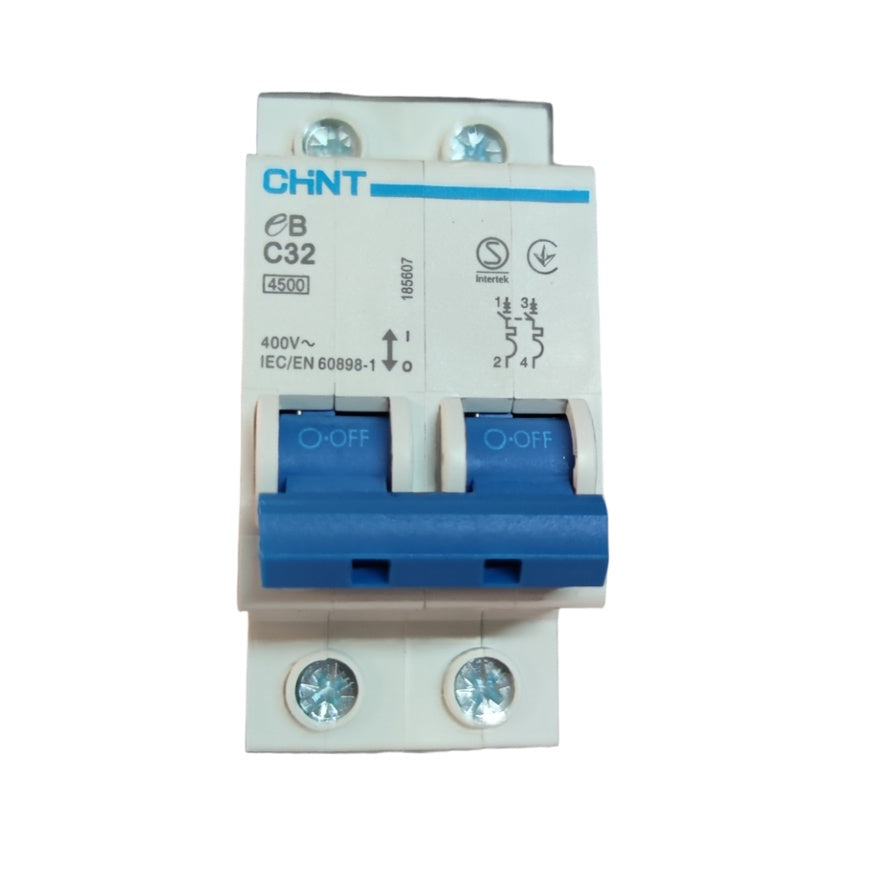 CHINT 32A 2Pole Miniature Circuit Breaker 4.5 KAIC 220V with blue switches and white casing