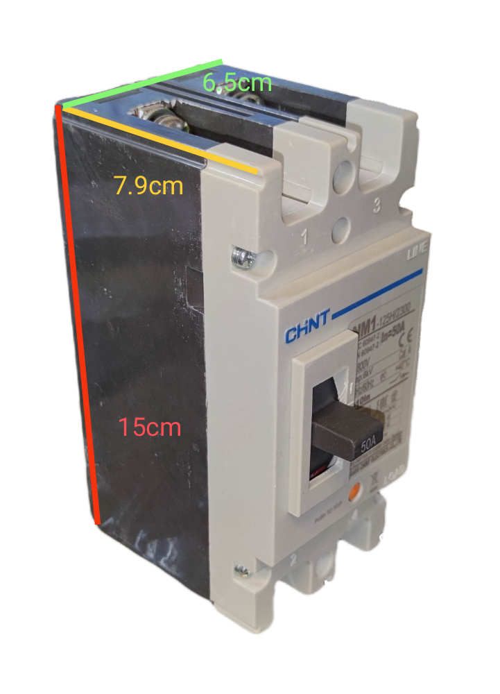 Chint 50A industrial circuit breaker with clear labeling and dimensions for installation guidance