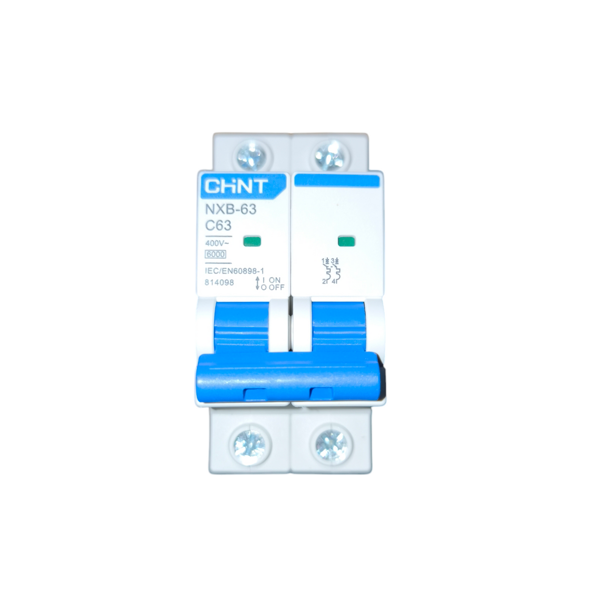 Chint two pole miniature circuit breaker with blue toggles 63A 6KAIC MCB NXB-63 C50 2P