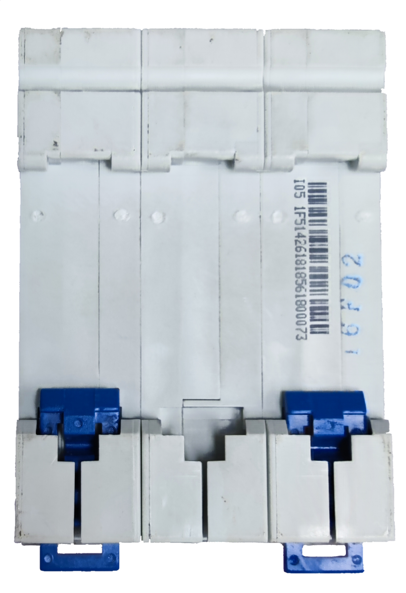 White Chint 40A 3 pole circuit breaker. Three pole modular electrical breaker with blue levers