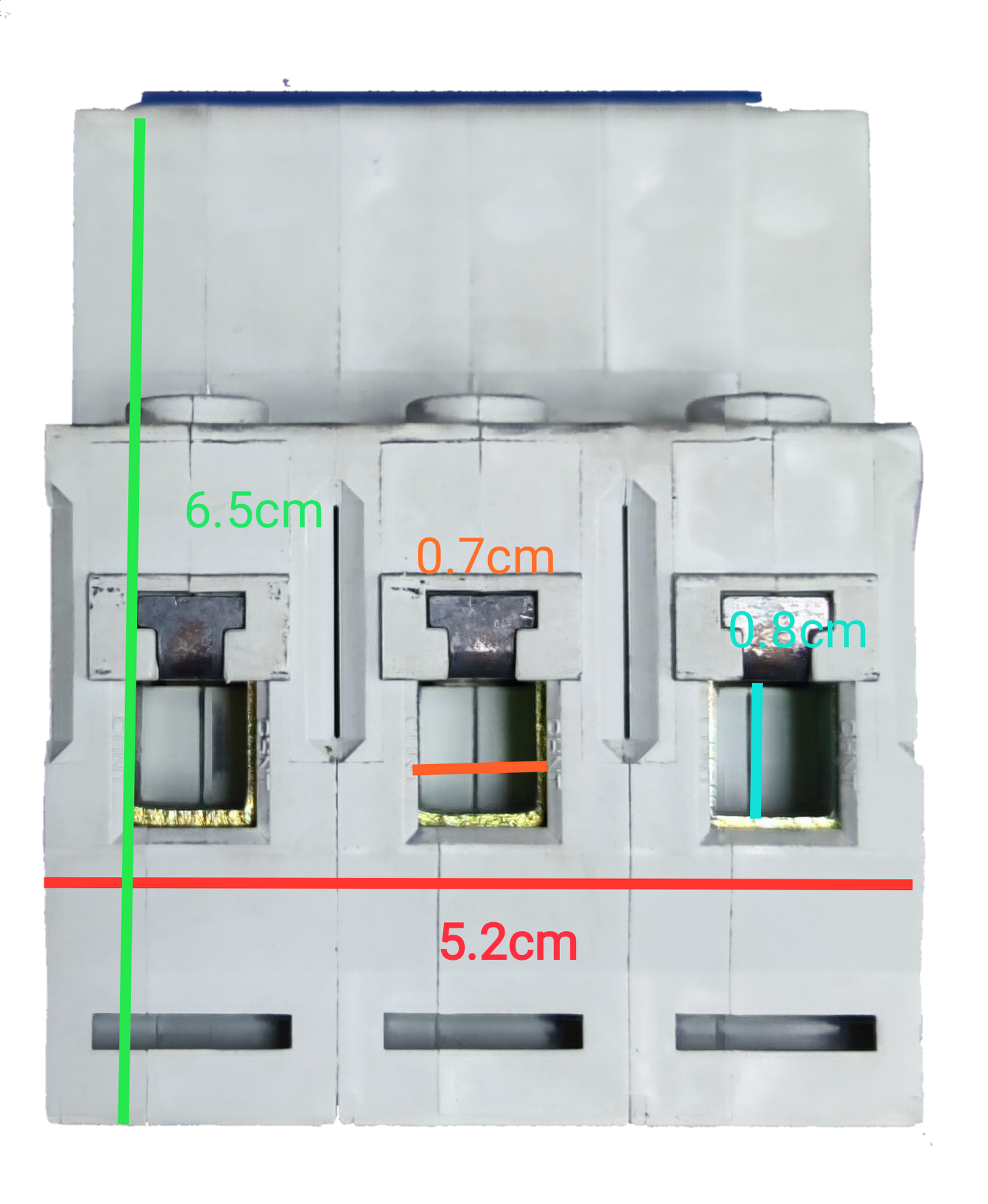 Front view of Chint 40A 3 pole circuit breaker white three module housing with terminal openings and measurement markings