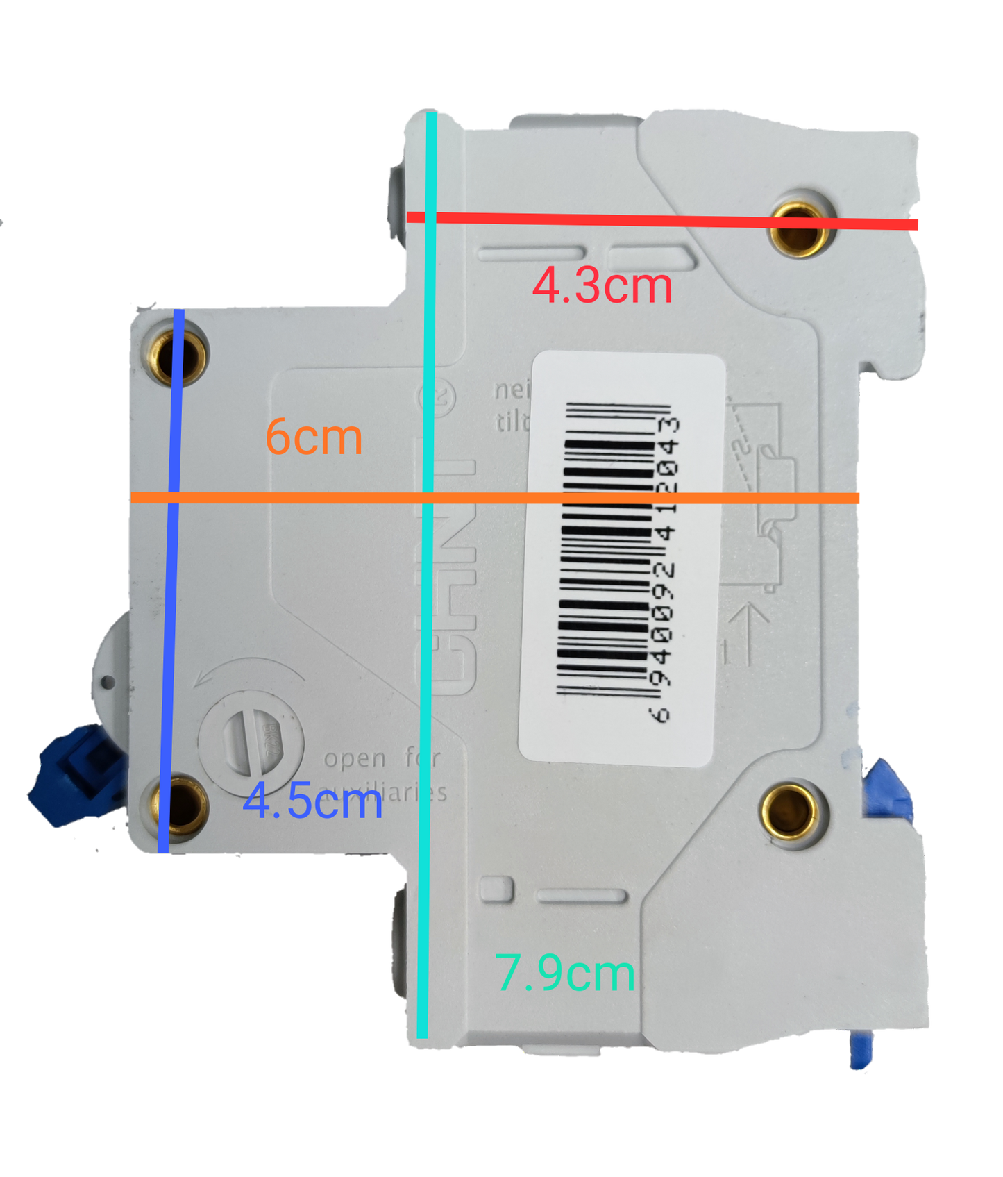 Chint 40A 3 pole circuit breaker front view with barcode label and mounting holes showing dimensions