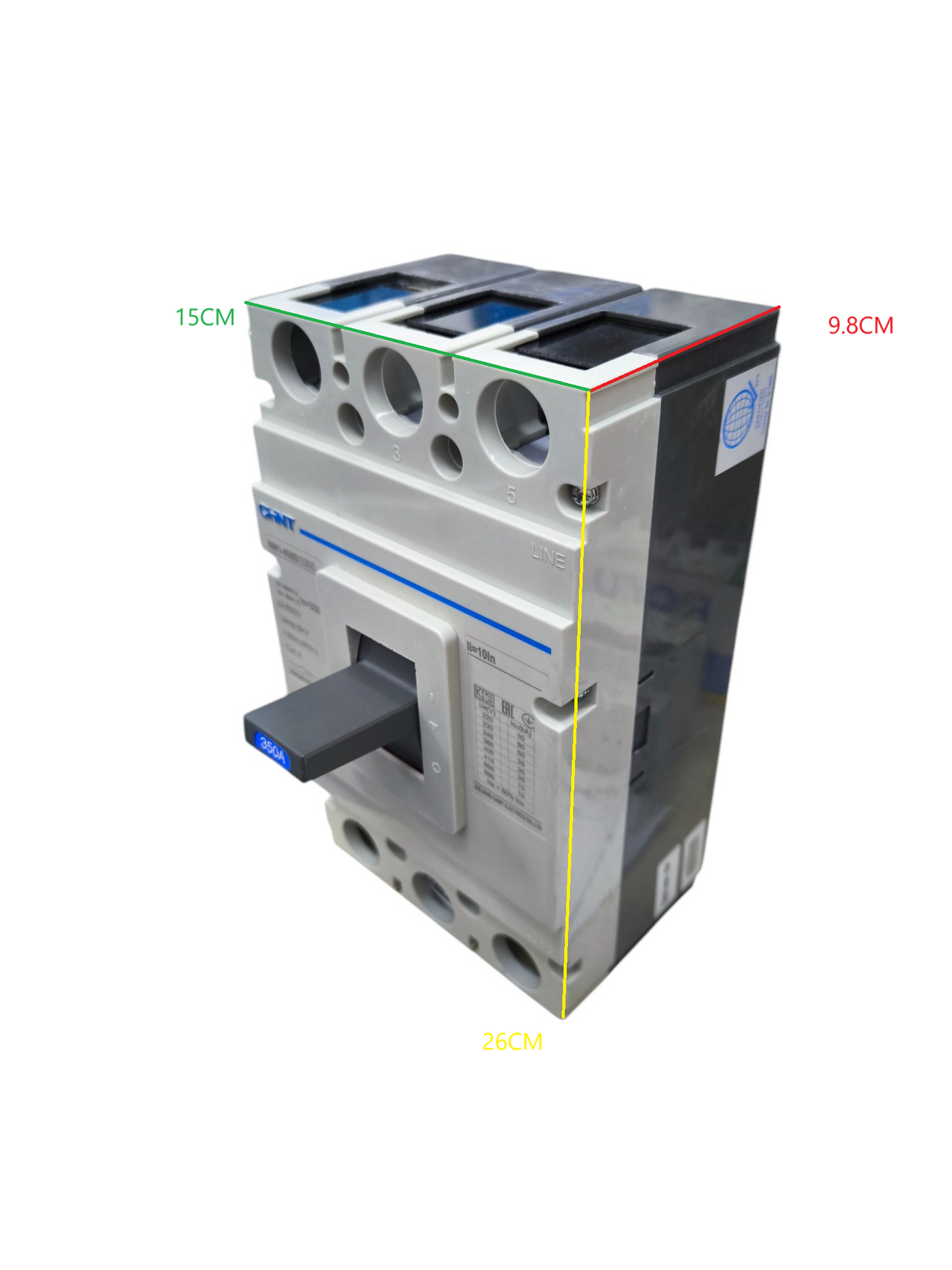 Chint Industrial Circuit Breaker 350A gray electrical component with switch and multiple connection ports