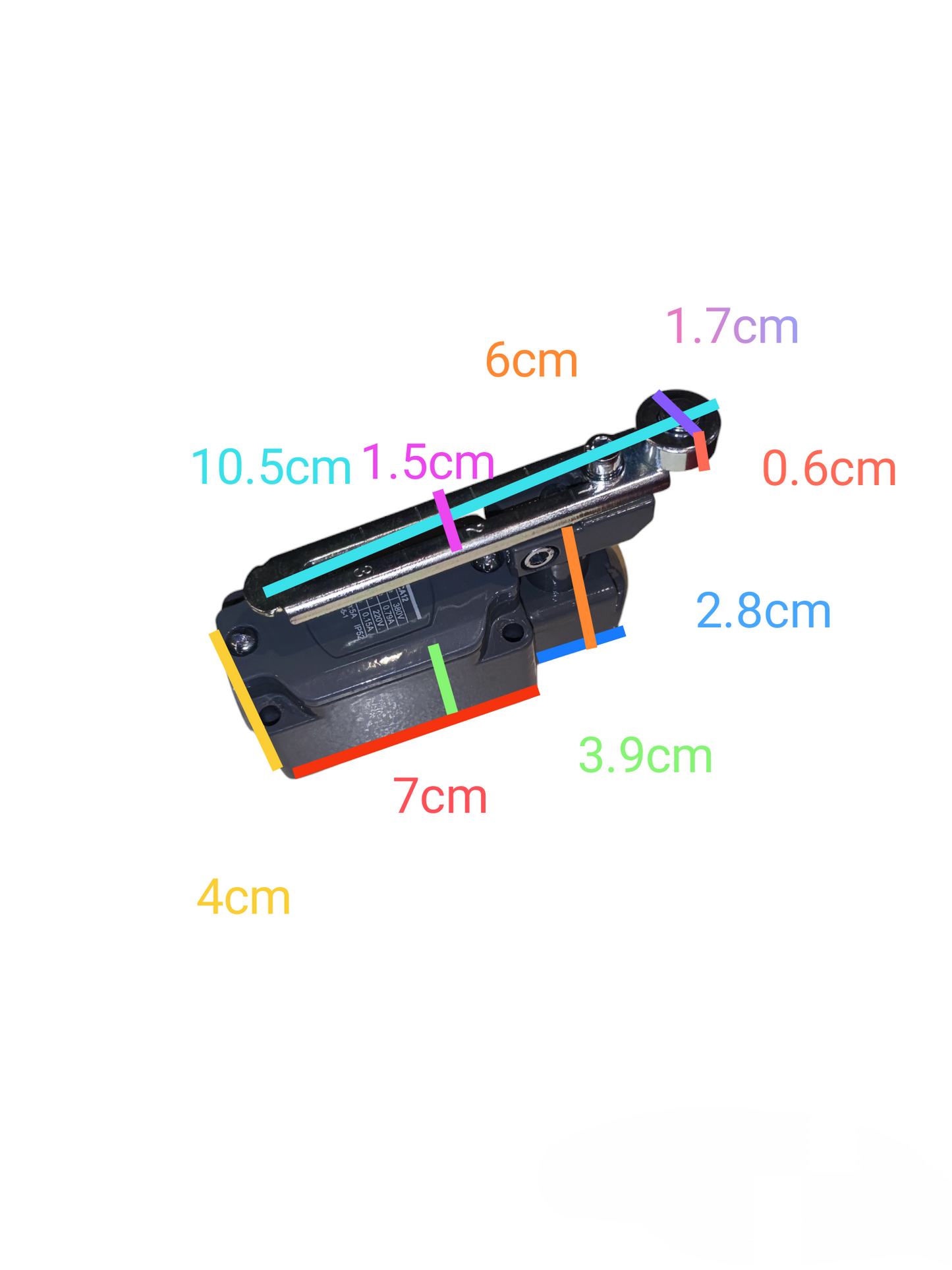 Chint limit switch 5A 220V with detailed size measurements for power points and switches
