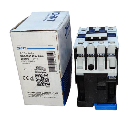 Chint Magnetic Contactor 25A 220V 1NC with white and black housing next to its branded packaging box