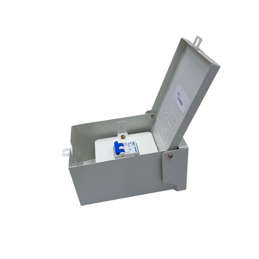 Royu & Koten 10A 2 pole miniature circuit breaker inside a protective housing for electrical safety