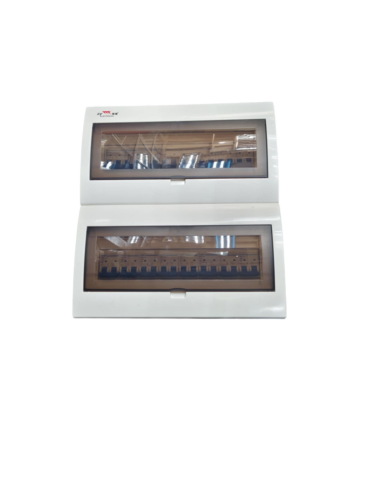 Chint electrical Circuit Breaker with 15 Branches enclosed in a white plastic casing with transparent covers
