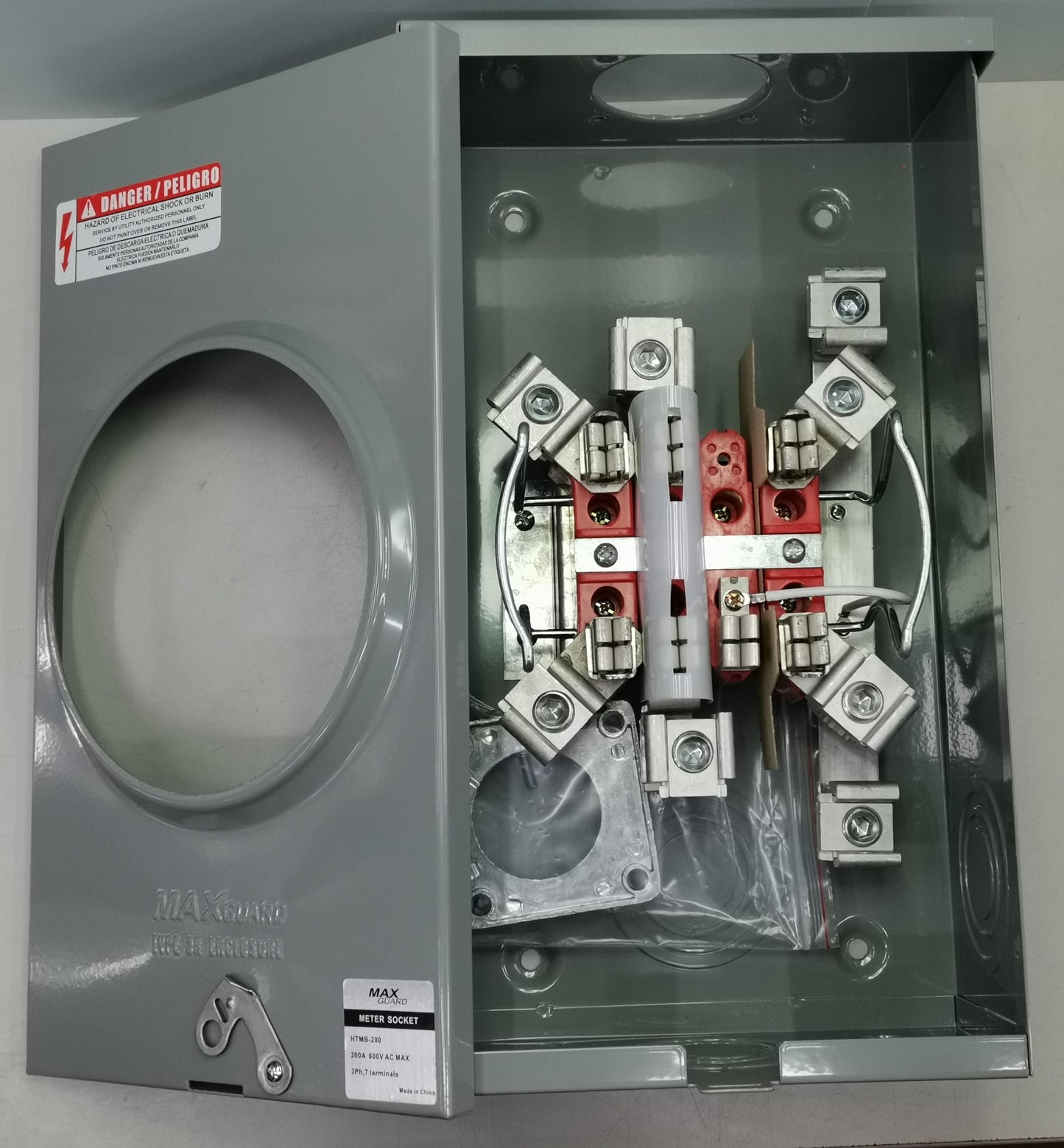 Cirtech 7 jaw electrical meter inside gray metal meter socket box with wiring and terminals