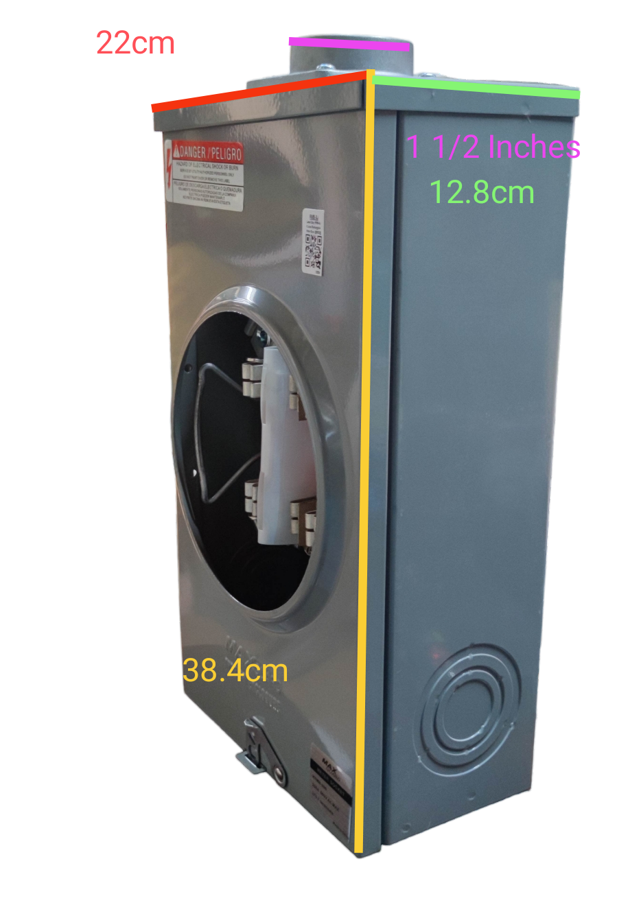Cirtech KWH Meter Base 8 Jaws electrical meter box with gray metal casing and measurements displayed