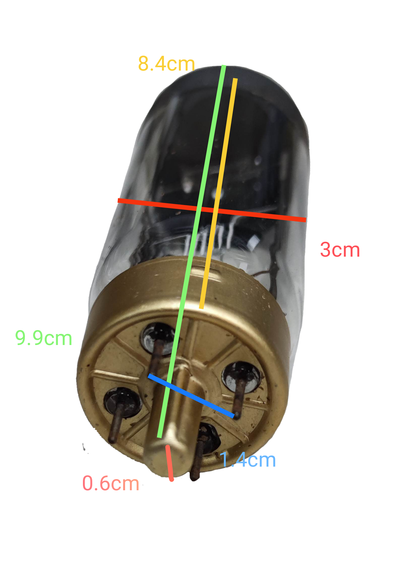 Sylvania classic 300W 4 pin projector bulb with clear glass and gold base showing dimensions