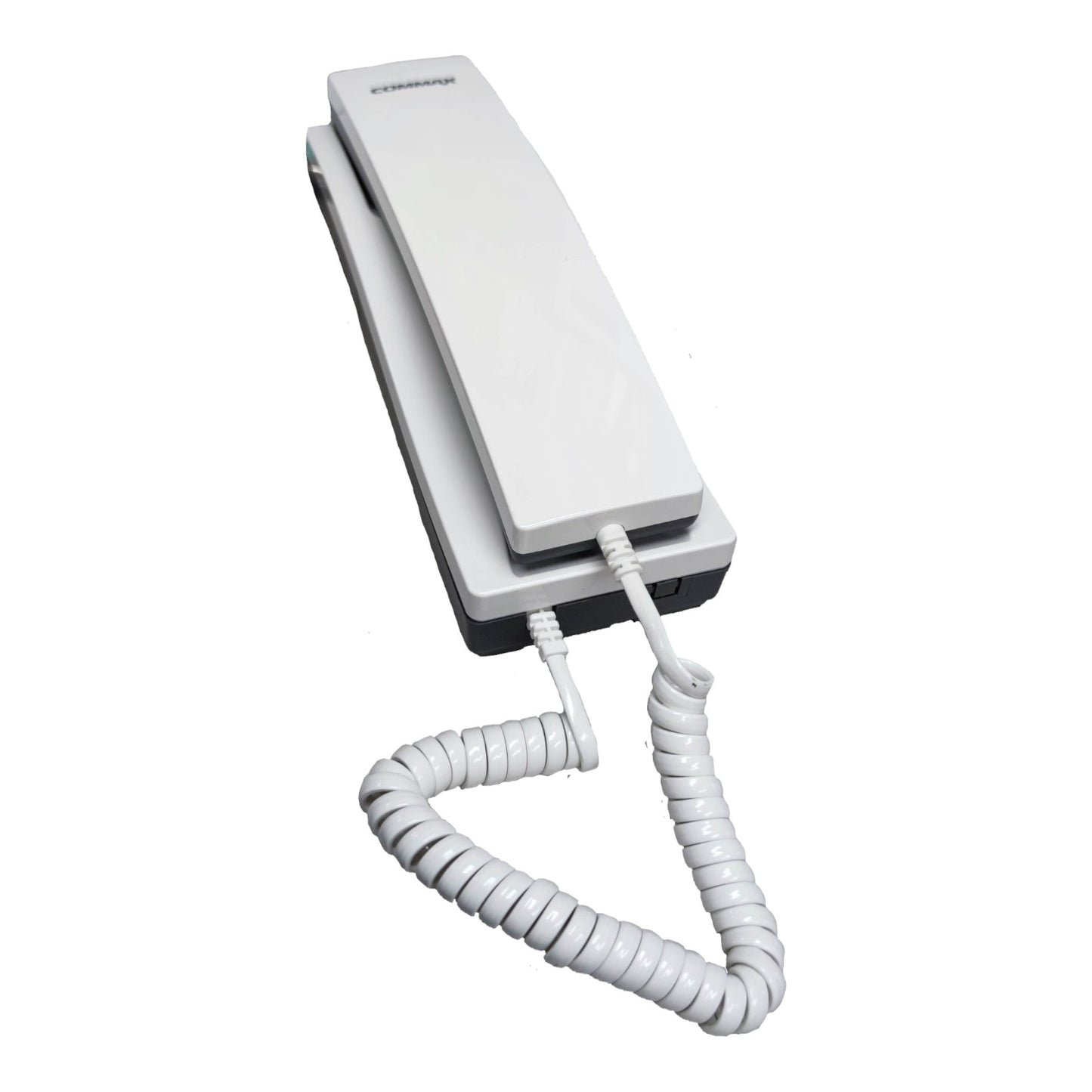 White phone with coiled cord on a white background