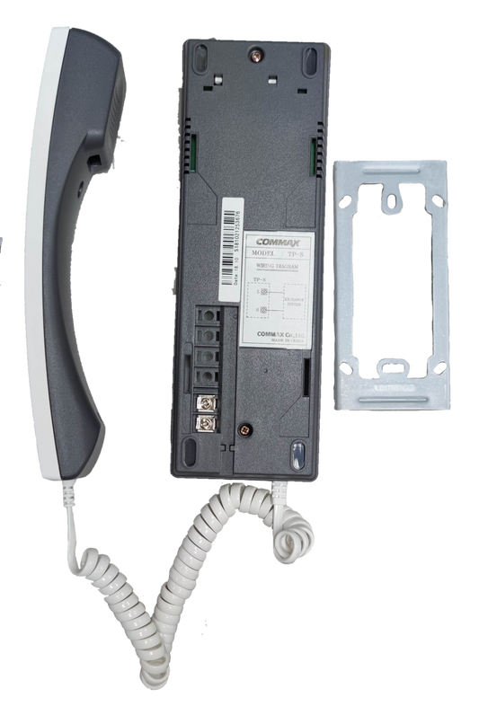Commax Intercom Slave TP-S white gray wired handset with coiled cord and metal wall mount bracket for security