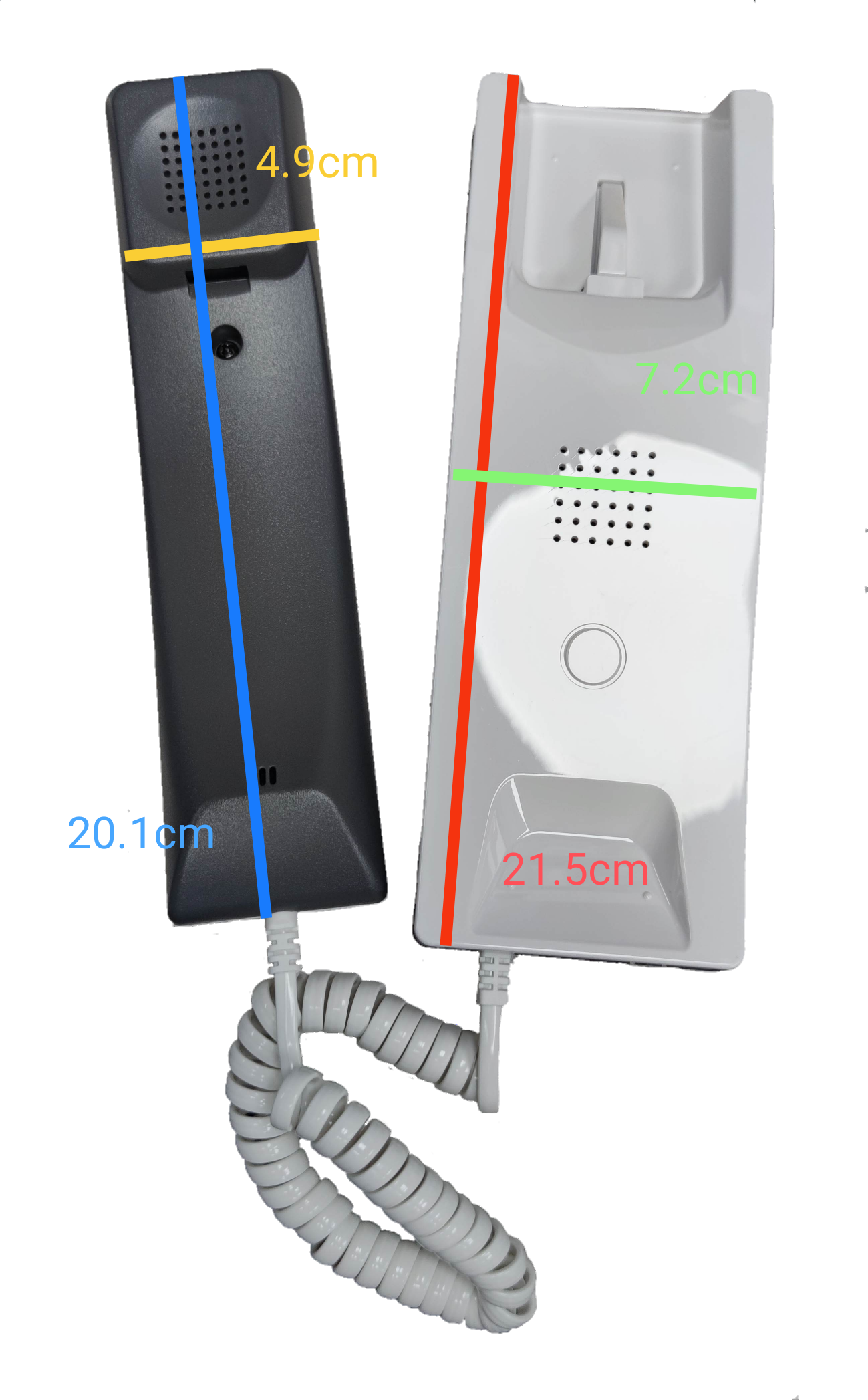 Commax Intercom Slave TP-S white and black handset units with coiled cord and size markings
