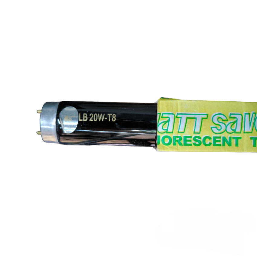 Crompton 18W T-8 Black Light Fluorescent Tube with silver end cap and partial yellow packaging