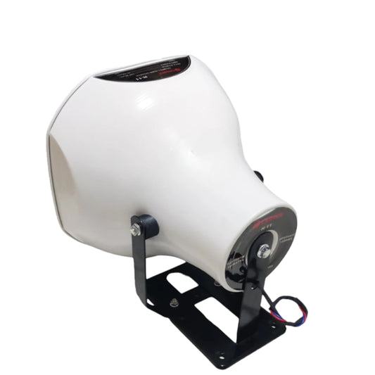 Crown 180W Horn Speaker 16 Ohms white horn speaker on black mounting bracket with attached wires