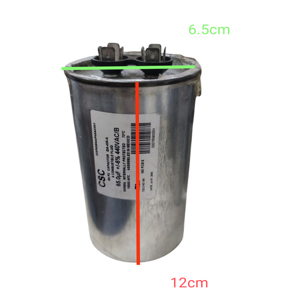 CSC 65uF 440V capacitor electrical circuitry part with metal casing and terminal connectors