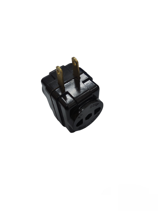 Black cube tap 3 outlet adapter with two flat prongs for power points and plugs