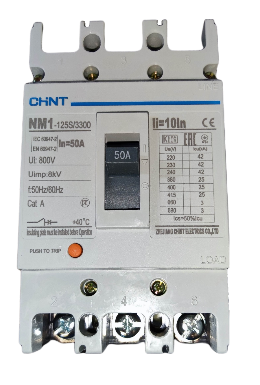 Chint 50A 3 Pole Industrial Circuit Breaker 3 Phase 125AF 25 KAIC 400VAC NM1-125S/3300/50A , Circuit Breakers