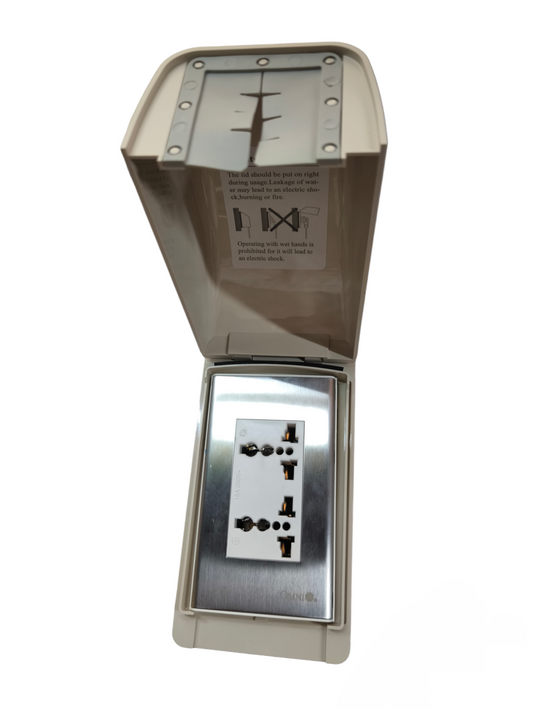 Omni Weatherproof Duplex Universal Outlet 16A 250V with Stainless Plate Cover WPP-601+WWP-113S+WWU-402
