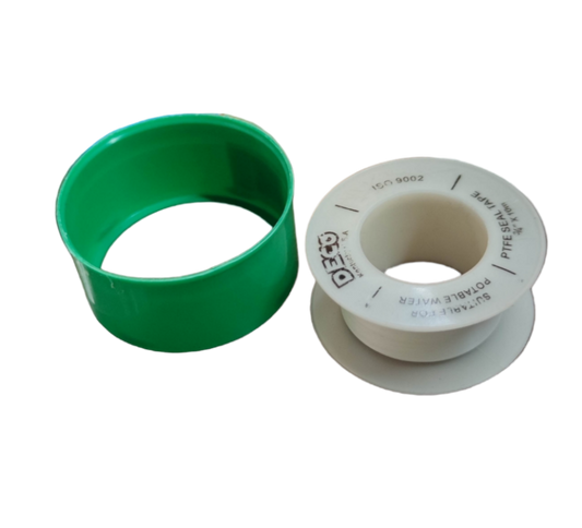 White PTFE Teflon Tape roll with green plastic container for sealing pipe threads