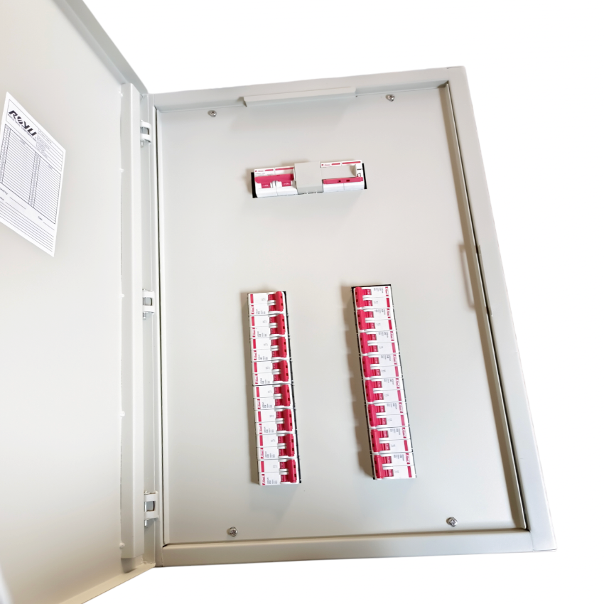 Himel 125A main circuit breaker panel with multiple red and white electrical breakers inside a gray metal enclosure