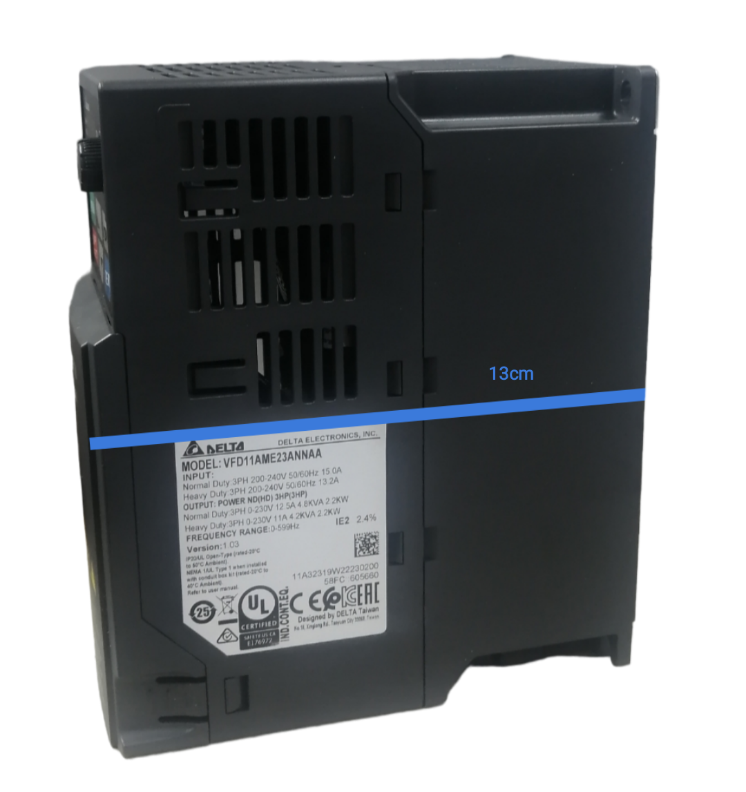 Delta VFD 3 phase 220V industrial motor controller side view with clear labeling and specifications