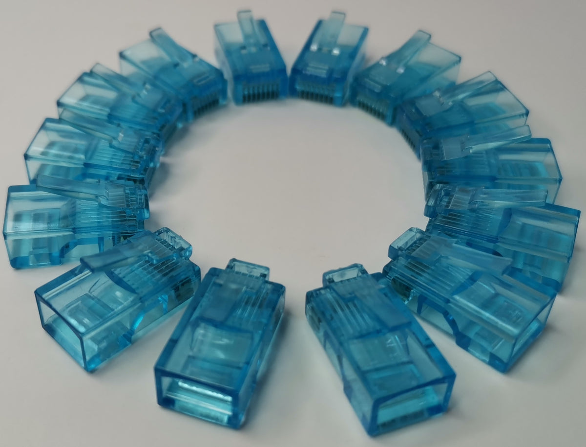 Grippes Denko RJ45 Connector colored transparent blue adapters arranged in a circle on white background