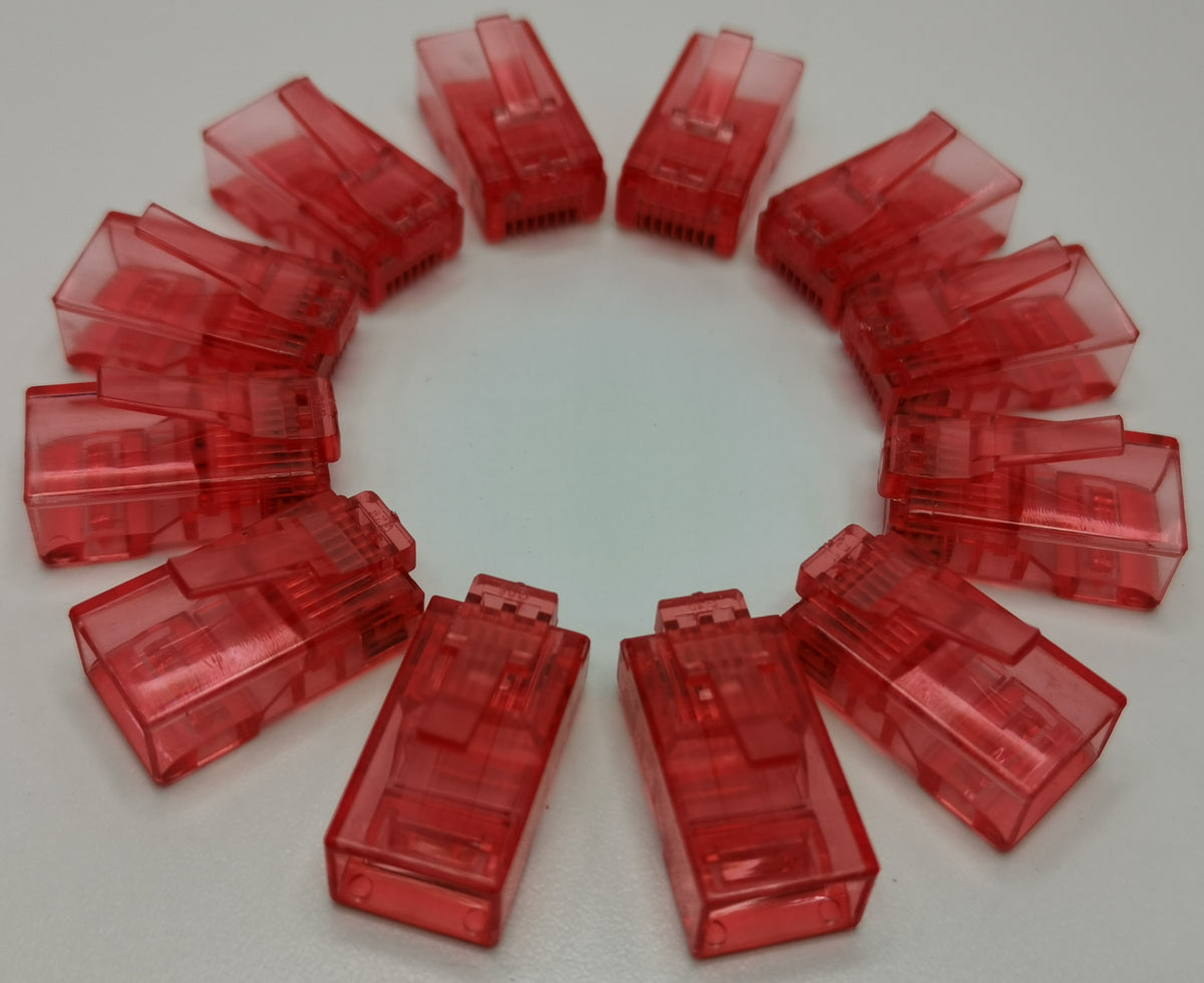Grippes Denko RJ45 Connector colored red plastic network plugs arranged in a circle