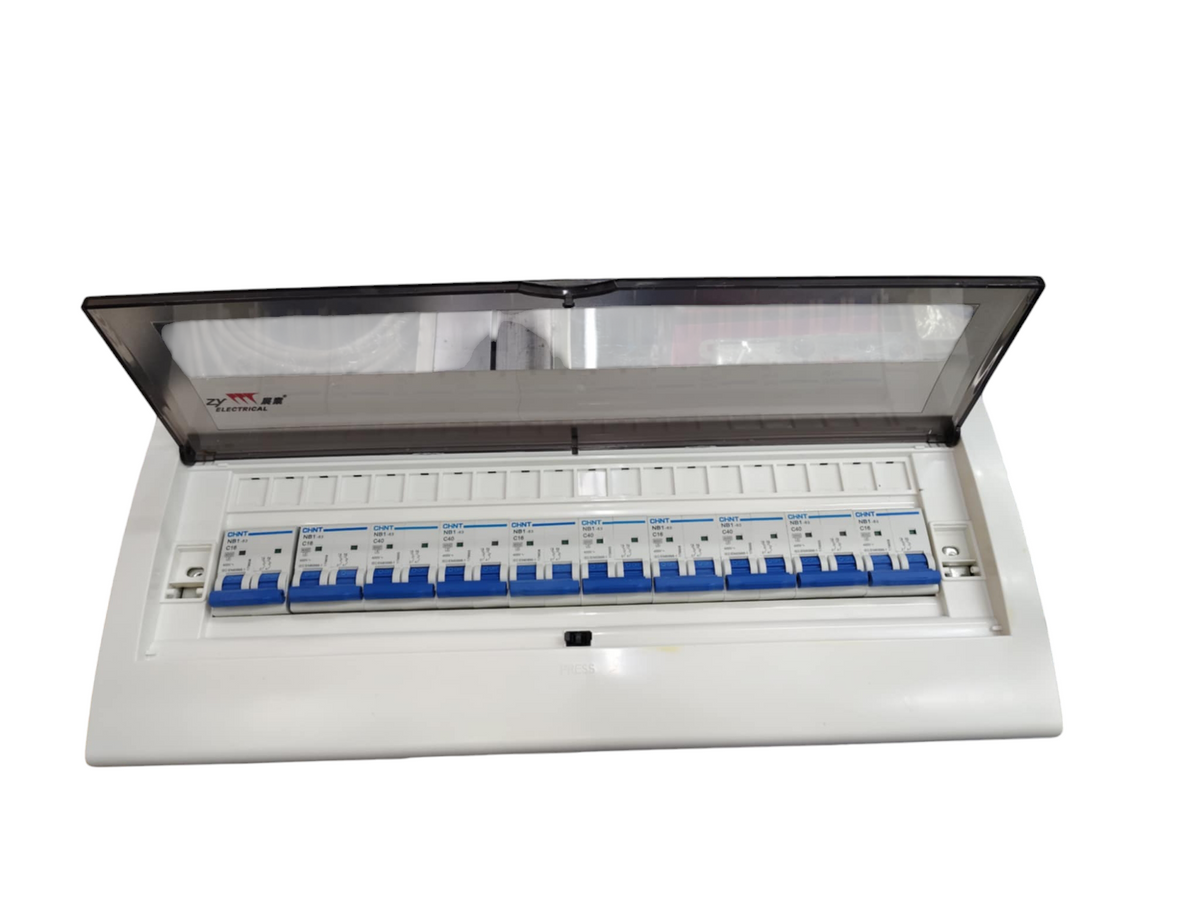 Chint Distribution box with Bus Bar Flush Type featuring multiple circuit breakers and transparent cover